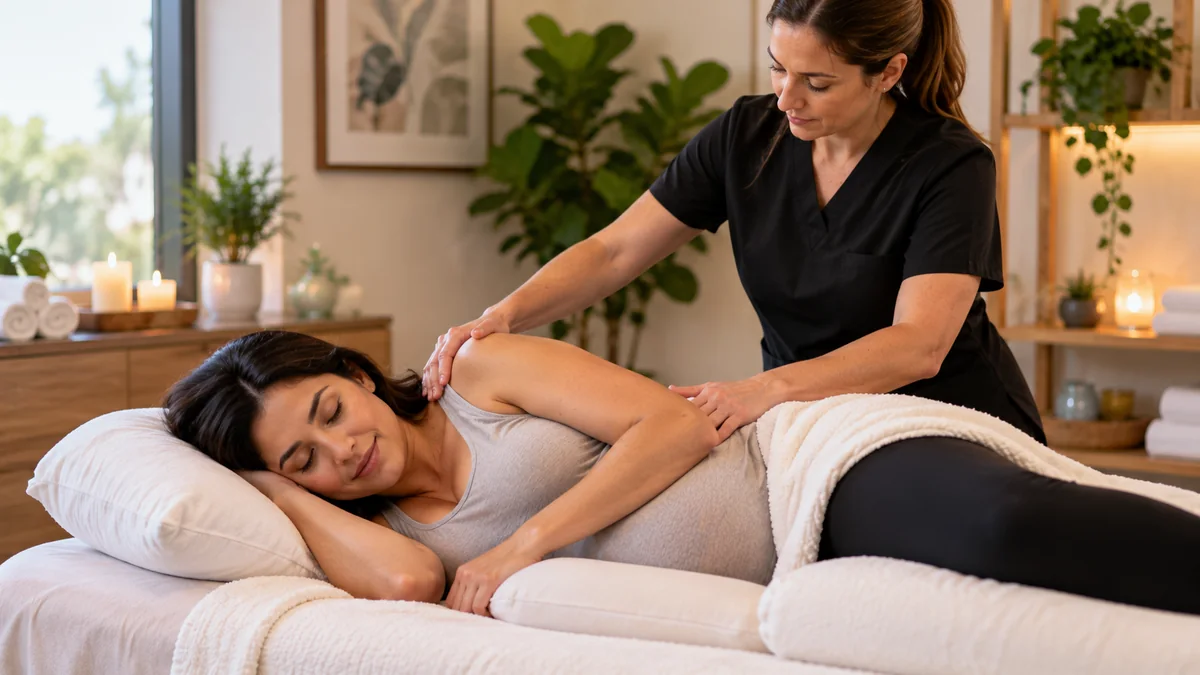 Pregnant woman receiving a side-lying prenatal massage from a licensed therapist in a calm wellness setting